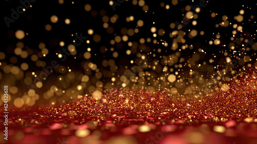 Sprinkle gold  red dust on a black background in the dark,Sparkling red  glitter powder on black background,christmas background,Sprinkle dust red light Christmas and happy new year.
