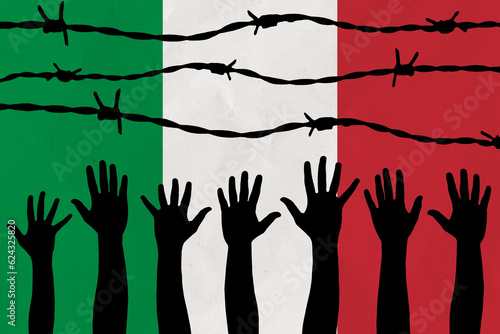 Italy flag behind barbed wire fence. Group of people hands. Freedom and propaganda concept