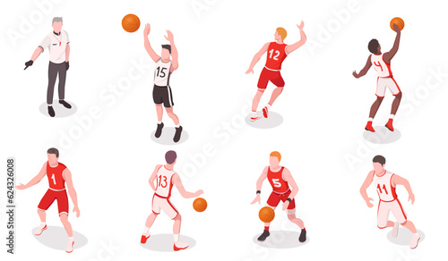 Set of basketball players playing game. Dribbling, passing, blocking, running with ball. Training of sportsman team in various position. Isometric vector illustration, isolated on white background