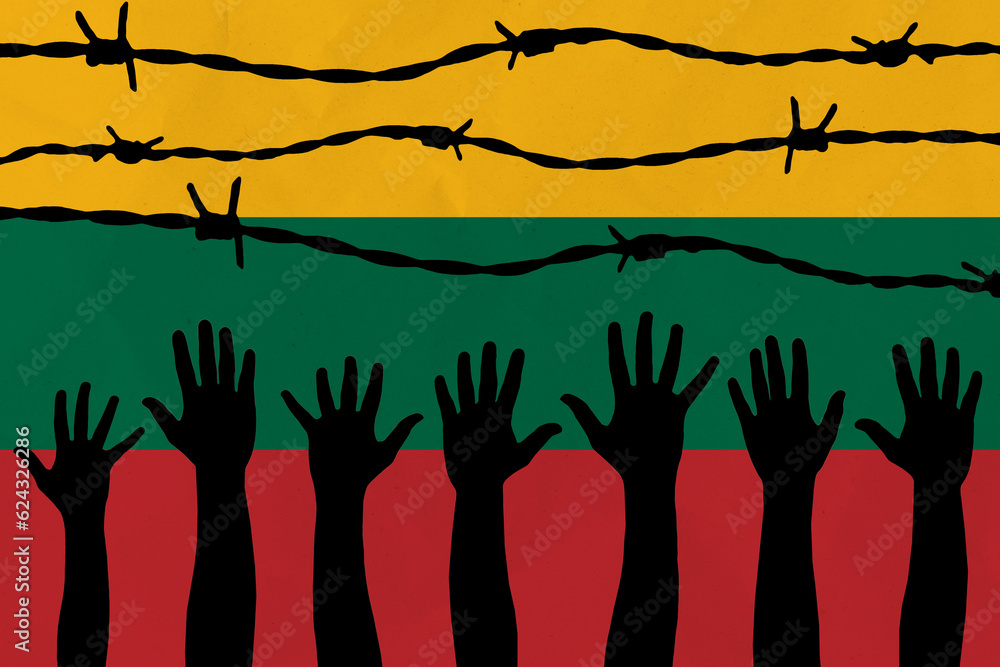 Lithuania flag behind barbed wire fence. Group of people hands. Freedom and propaganda concept Lithuania flag behind barbed wire fence. Group of people hands. Freedom and propaganda concept