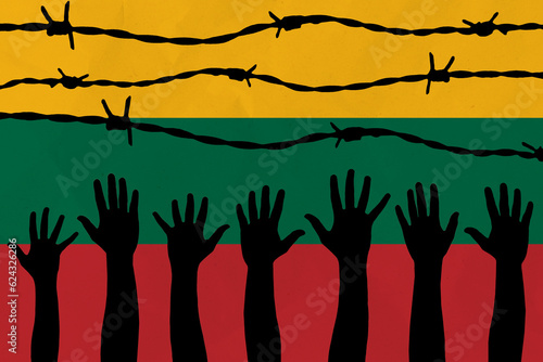 Lithuania flag behind barbed wire fence. Group of people hands. Freedom and propaganda concept