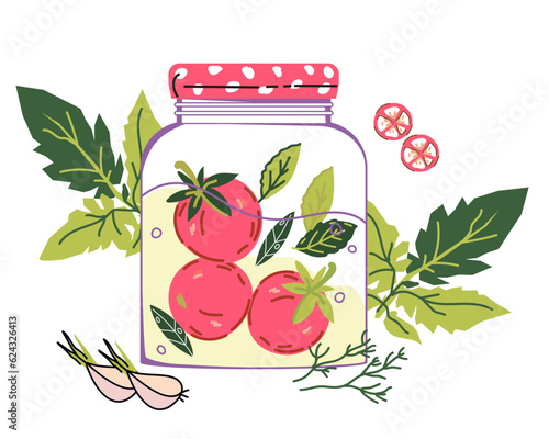 Jar with pickled tomatoes and spices used for marinade, salted or marinated in vinegar tomatoes can, hand drawn vector illustration isolated on white background. Pickled tomatoes, preserved food.