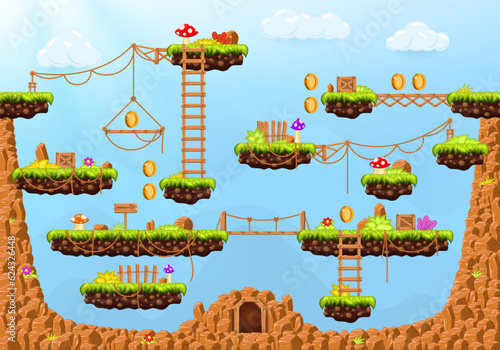 Video game. Elements and objects for computer game. Template for construction game level. Background for arcade game. Vector illustration.