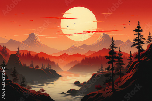 Graphic Mountains Against the Background Sunset Created Using Artificial Intelligence © Damianius
