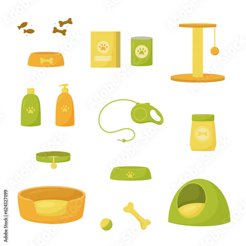Set of pet supplies for cats, dogs. Pet products. Pet accessories. Food, bowls, treats, toys, collar, leash, scratching post, bed. Vector illustration.