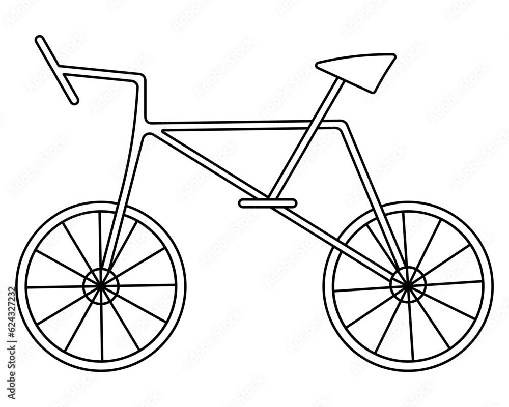 Bike. Sketch. Vector illustration. Sports equipment with steering wheel, pedals and wheels. Transport to overcome the distance at speed. Isolated background. Coloring book for children. Doodle style. 