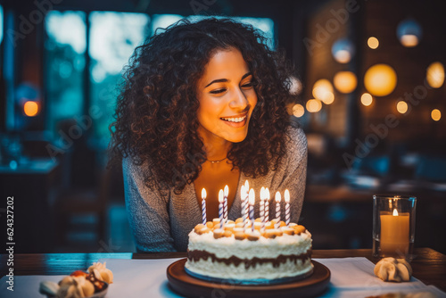 Happy young adult woman blowing out candles on birthday cake. Young attractive woman celebrating birthday. Generative AI
