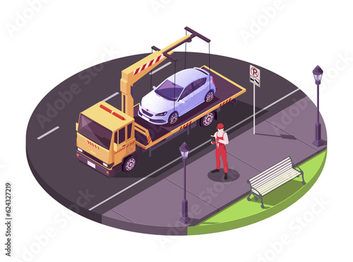 Street crash. Wrecker vehicle. Road transport service. Tow truck auto assistance. Cartoon machine. Modern city concept. Evacuator regulation. Broken machine. Isometric vector illustration.