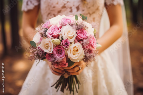Closeup of bride holding wedding bouquet. Happy bride excited smile for wedding, happiness and marriage. Generative AI
