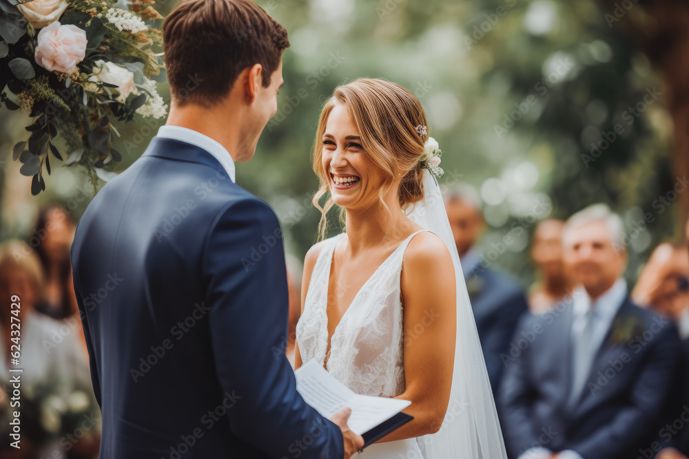 Bride and groom at altar at wedding. Happy couple excited smile for wedding, happiness and marriage. Generative AI Bride and groom at altar at wedding. Happy couple excited smile for wedding, happiness and marriage. Generative AI