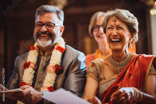 Older indian bride and groom at altar at wedding. Happy couple excited smile for wedding, happiness and marriage. Generative AI