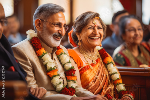 Older indian bride and groom at altar at wedding. Happy couple excited smile for wedding, happiness and marriage. Generative AI