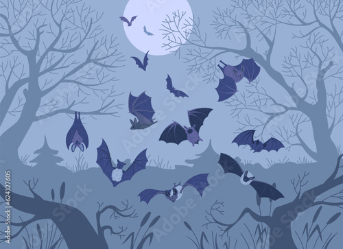 Spooky forest with full moon, flock of bats in the wildlife at night vector cartoon halloween illustration