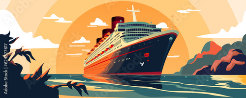 Canvas Print Cruise ship liner, beautiful orange sunset, ocean vacation, hill, mountain, water ocean, carribean sea, sunrise, palm, island, tour, large boat, beach, nautical maritime adventure