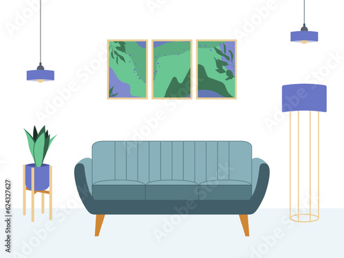 Mid century style living room interior design in violet and green with blue sofa, home plant, floor lamp, ceiling lights and of 3 pieces wall art set. Vector flat illustration for your project