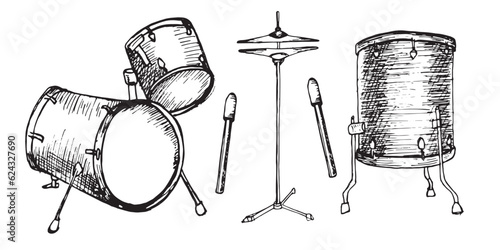 Set of drum kit, drumsticks vector illustration isolated. Musical instrument ink hand drawn. Percussion instrument black white silhouette. Design element for for flyer, events, brochure, poster