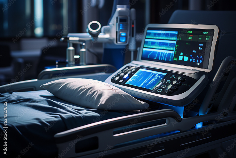 a hospital bed with various monitoring equipment and devices, highlighting the technology involved in patient care Generative AI
