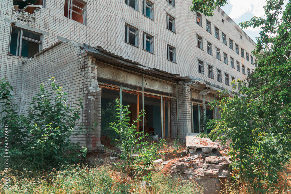 Administrative building damaged by shelling. War in Ukraine
