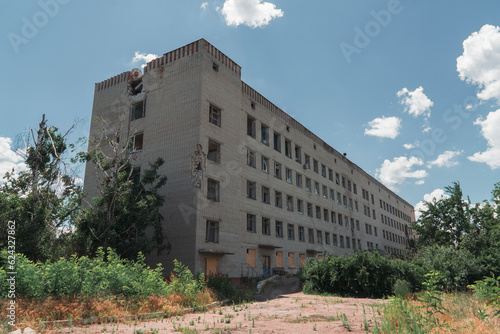 Administrative building damaged by shelling. War in Ukraine