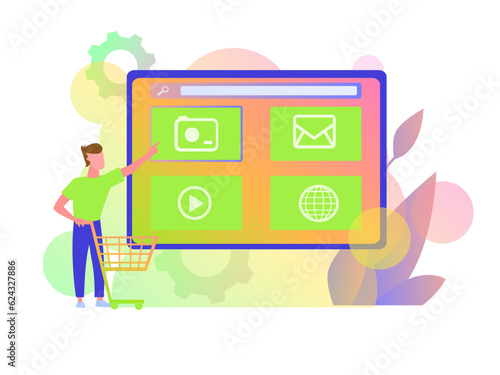 Purchase online. The man uses modern technologies, virtual reality, messengers and online training. Vector illustration for business.