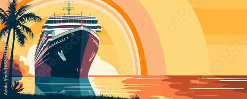 Fotografia Cruise ship liner, beautiful orange sunset, ocean vacation, travel, holiday, tropical voyage, sunrise, palm, island, tour, large boat, beach, nautical maritime adventure