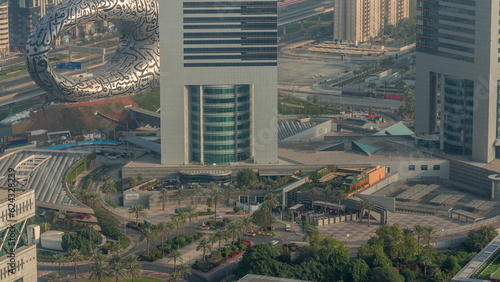 Dubai museum of future exterior design aerial timelapse. photo