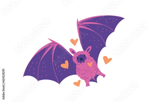 Cute bat flying in hearts, cartoon flat vector illustration isolated on white background.