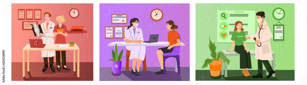 Collection of doctor appointment. Patient visit hospital for disease treatment. Professional psychology therapy, consultation and diagnosis, medical advice. Healthcare. Vector illustration