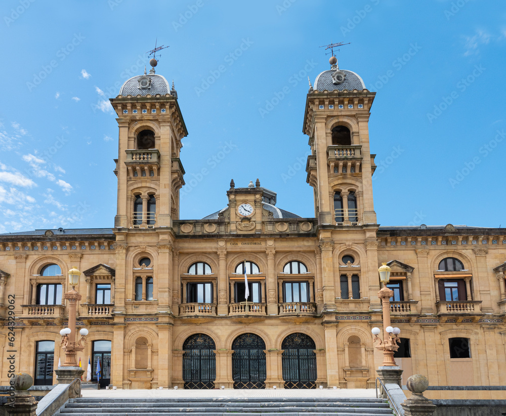 Old City hall of San Sebastian, Spain. Also called Donostia in Basque. Blue sky background.
