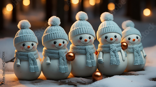 Little knitted snowmans on soft snow on blue backgroundBlurry background, template, Bokeh, Copy Space, Generative AI photo