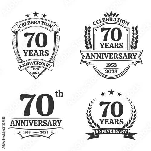 70 years anniversary icon or logo set. Vintage birthday banner design. 70th anniversary jubilee celebration badge or label collection. Vector illustration.