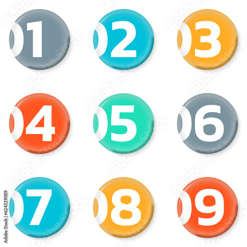Circle numbers. Round number icon set. 1, 2, 3, 4, 5, 6, 7, 8, 9 buttons. Modern graphic design. Vector illustration.