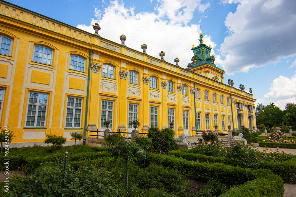 The baroque royal Wilanow Palace in Warsaw, Poland. View of a gardens and facade.