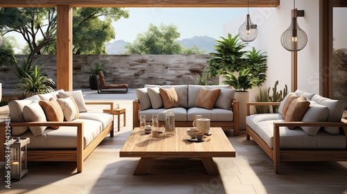  Interior of modern living room 3D rendering image.There are wooden terrace,wooden floor and sofa © ttonaorh
