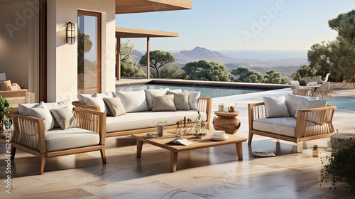  Interior of modern living room 3D rendering image.There are wooden terrace wooden floor and sofa