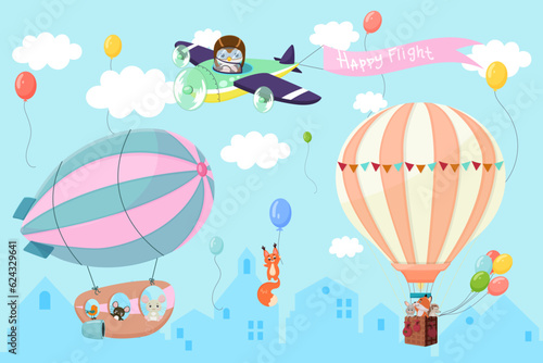 Cartoon air transport, hot air balloon, airship, plane. Various animals, penguin pilot, rabbit, fox, bird, hedgehog. Happy flight sign. Concept of travel, journey, travel, trip. Vector illustration