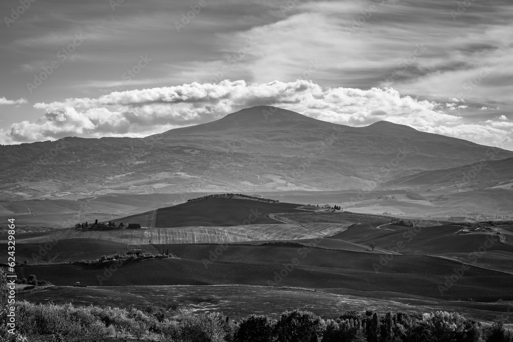 Black and white elevated panoramic Tuscan landscape with trees and clouds, Tuscany, Italy