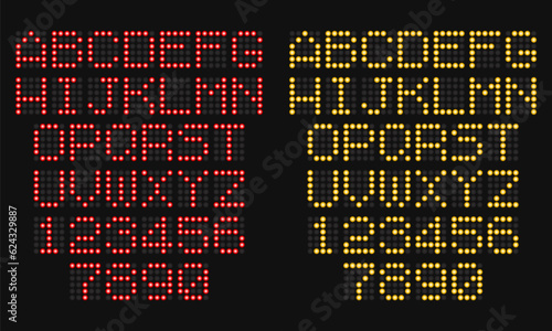 LCD letters and numbers for a electronic devices. Digital glowing figures. Electronic scoreboard. Vector illustration.