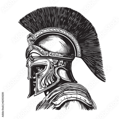 The head of an ancient Greek warrior in a helmet. Portrait isolated on a white background