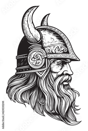 Head of a bearded viking with a formidable face in a helmet with horns isolated on a white background