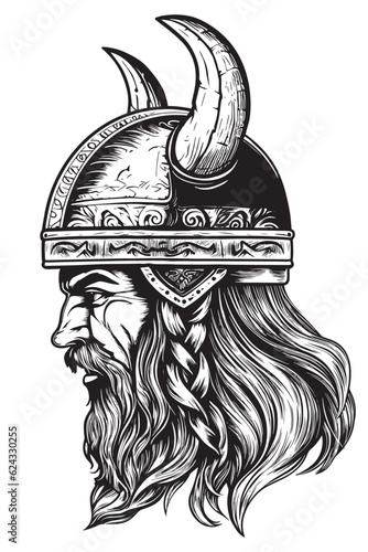 Head of a bearded viking with a formidable face in a helmet with horns isolated on a white background