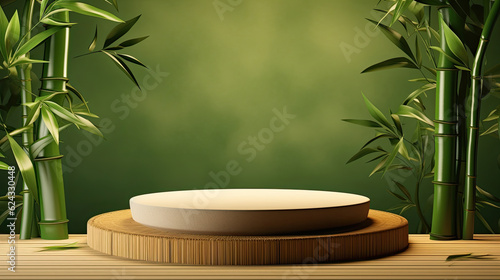 Bamboo product display podium for natural product. Empty outdoors scene with bamboo branch.