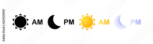 12 hour format. Flat, color, am and pm, morning and evening. Vector icons.