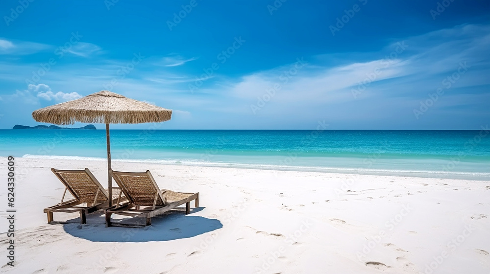 Fototapeta premium beach chairs with umbrella on beautiful tropical sand beach