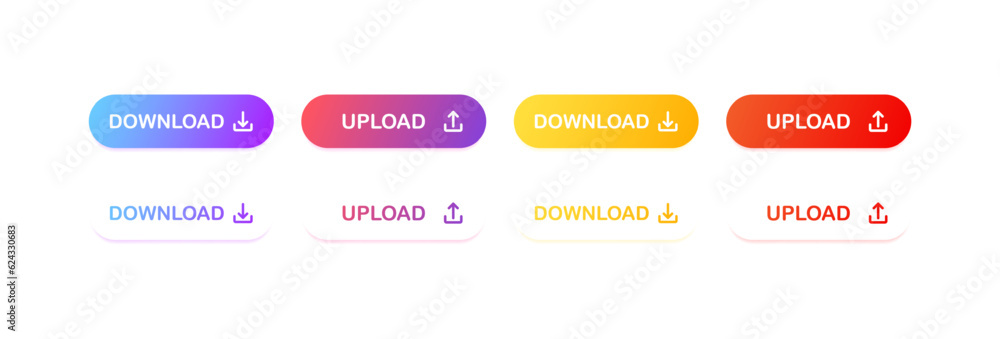 Download button. Flat, color, buttons for the site, upload a file. Vector icons.