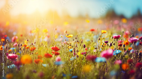 colorful wild flowers meadow in summer