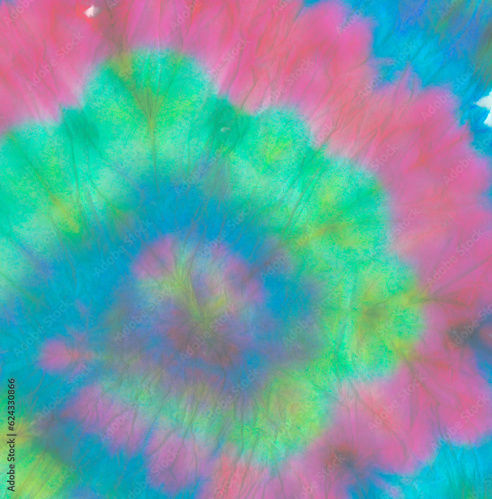 Rainbow Spiral Tie Dye Texture. Dyed Circular Rainbow Spiral Tie Dye Texture. Dyed Circular