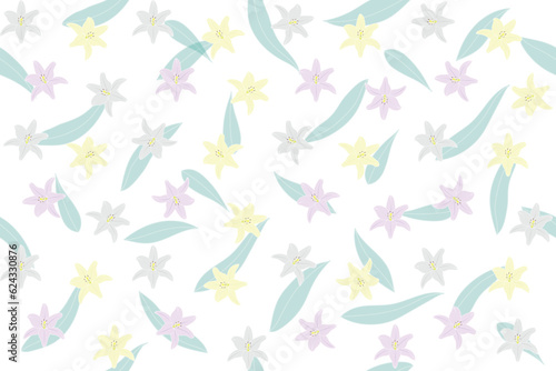 Illustration pattern of lily flower with leaves on white background.
