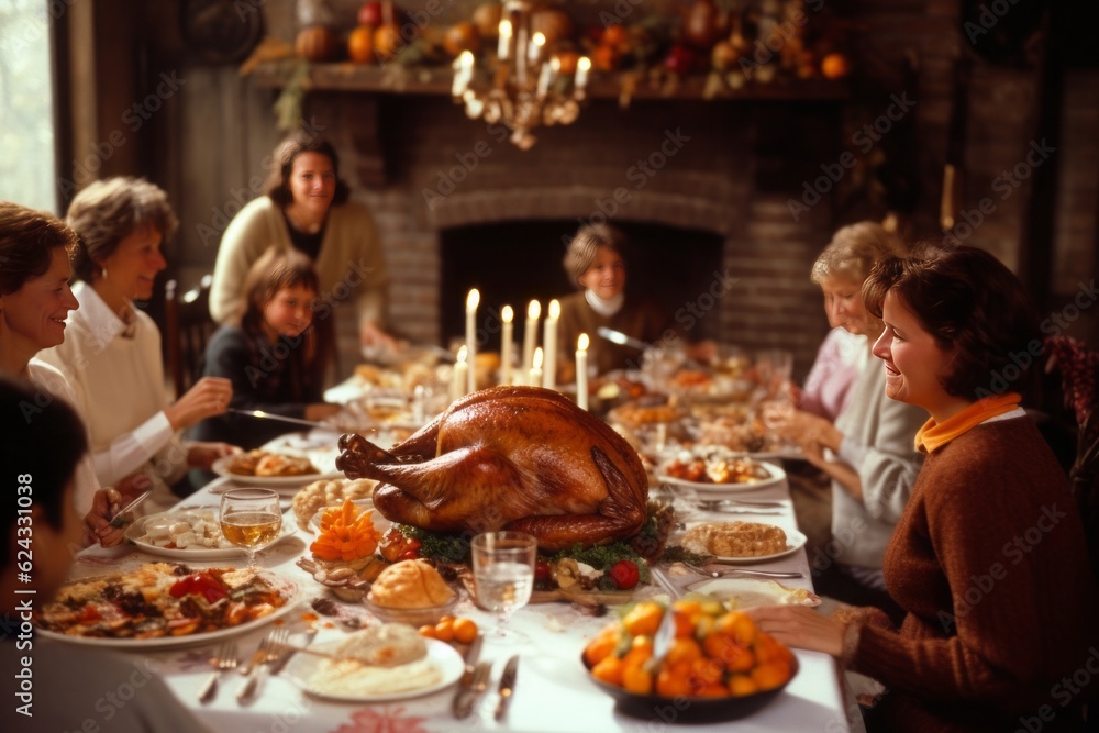 Generative AI, thanksgiving celebrations in many countries, group of people at party, Family sitting at the table and celebrating holiday.