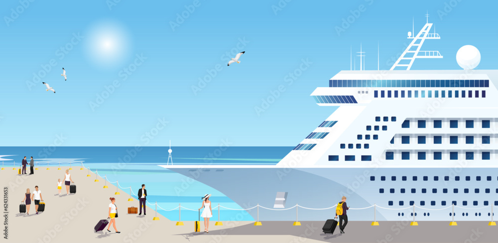 Fototapeta premium Cruise liner, beach resort, passenger, tourist, summer voyage, holiday trip, travel, vacation, tourism, blue ocean, caribbean and atlantic journey, harbor, man and woman. Vector illustration